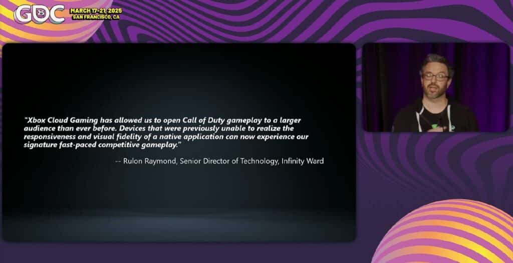 A speaker presents at GDC 2025, with a quote about Xbox Cloud Gaming top games displayed on a screen beside him.
